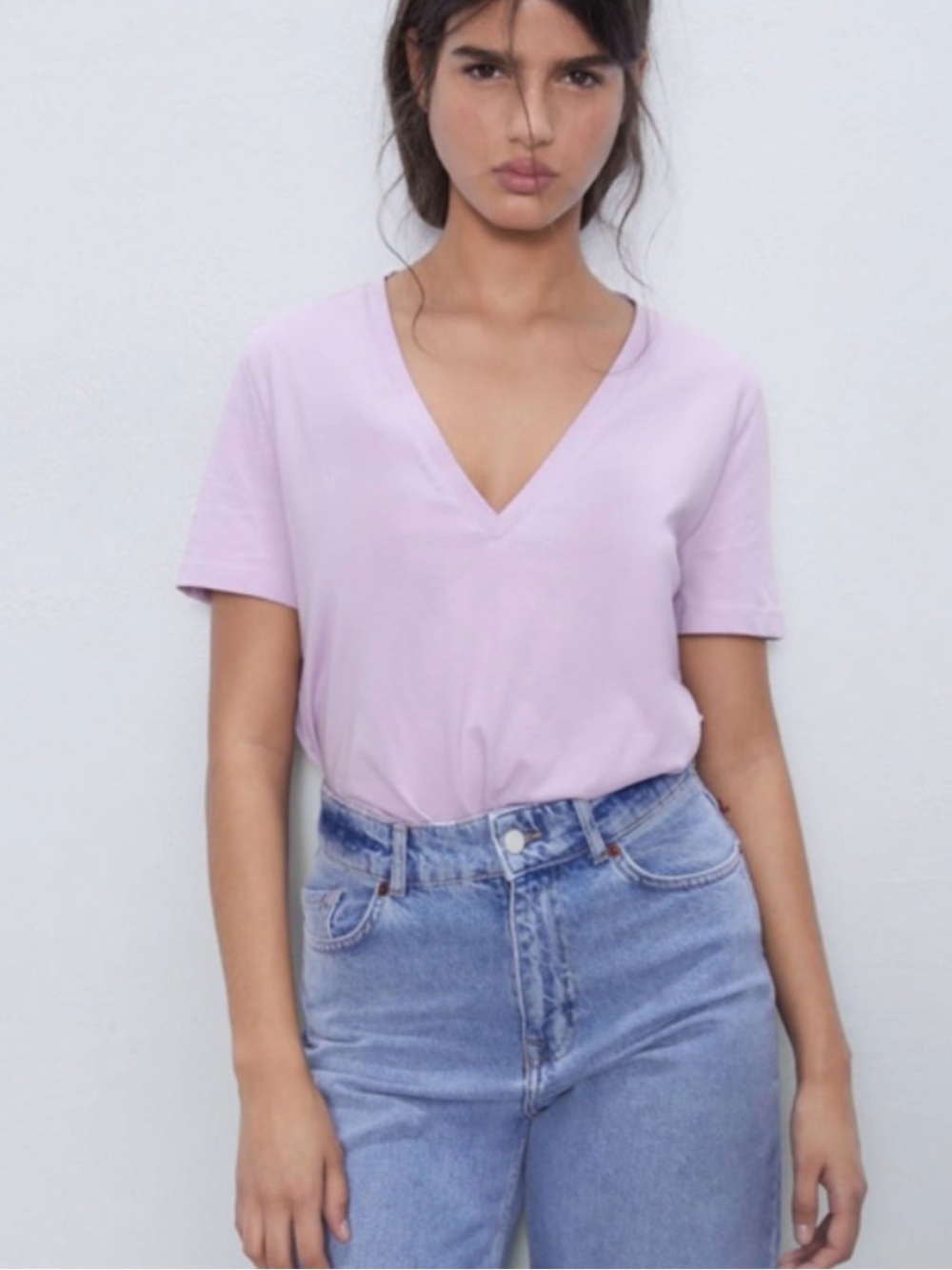 NWOT$58 Zara Women’s 💯 Cotton Basic V-Neck, Purple Lavender, S, Small